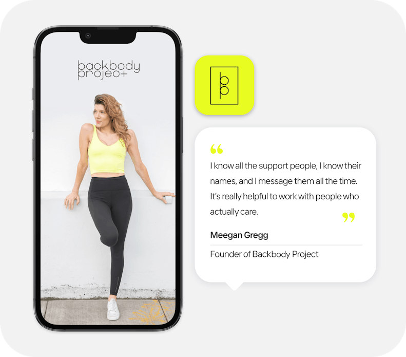 An image of Backbody Project's mobile app experience along side a testimonial from Meegan Gregg, the founder of Backbody Project, talking about her positive experience with Uscreen Support Team.