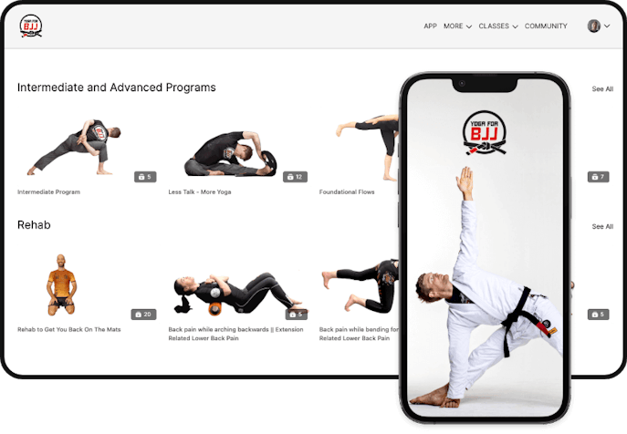 Desktop and mobile view of what the Yoga for BJJ membership platform looks like