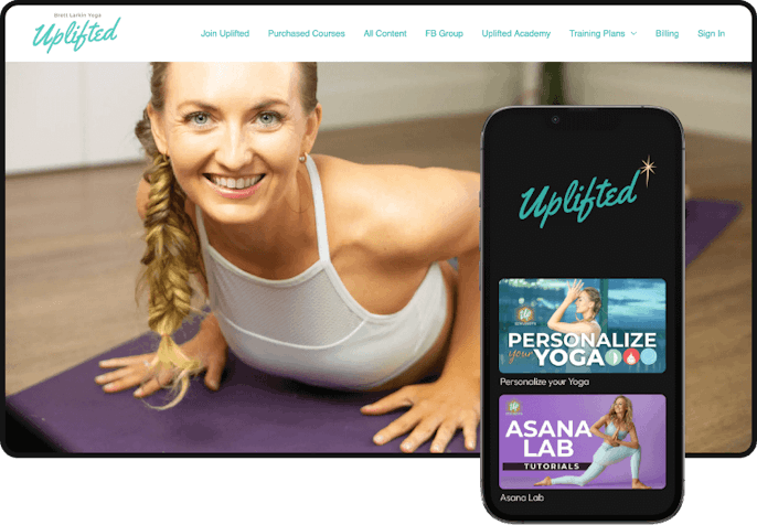 Desktop and mobile view of what the Uplifted Yoga membership platform looks like