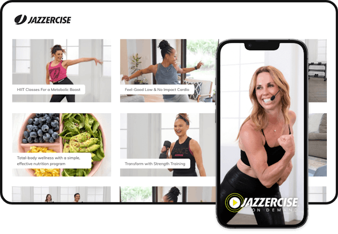 Desktop and mobile view of what the Jazzercise On Demand membership platform looks like