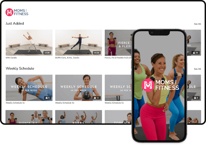 An image of the Moms into Fitness video catalog, along side a mobile phone showing thier app's splash screen. 