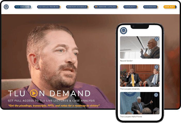 Desktop and mobile view of what the Trial Lawyers University (TLU On Demand) membership platform looks like