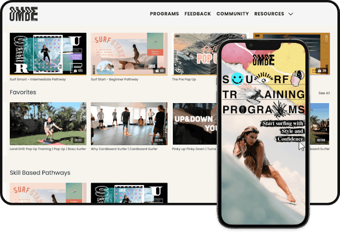 Desktop and mobile view of what the OMBE Surf Training Programs membership platform looks like