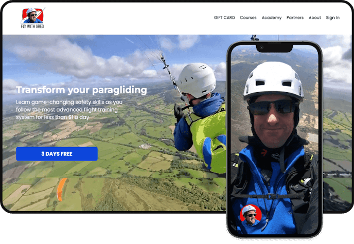 Desktop and mobile view of what the FlyWithGreg membership platform looks like