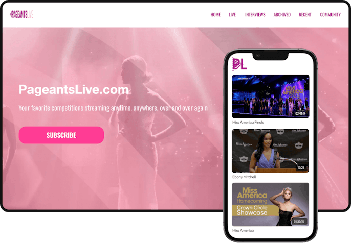 Desktop and mobile view of what the Pageants Live membership platform looks like