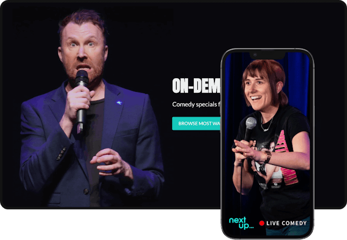 Desktop and mobile view of what the NextUp Comedy membership platform looks like