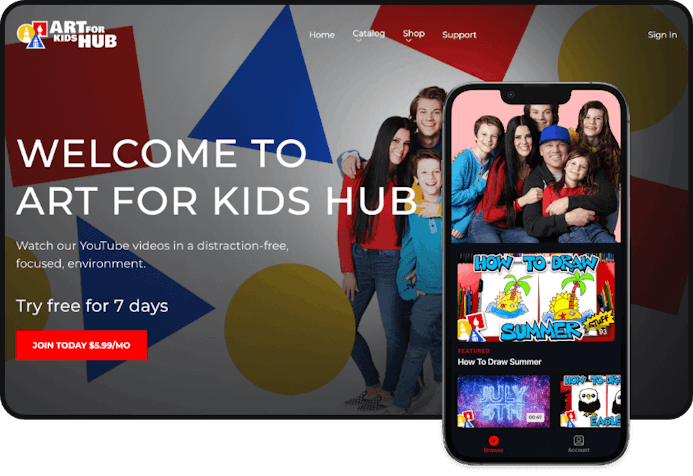 An image of the Art for Kids website along side a mobile phone displaying thier membership's video catalog.