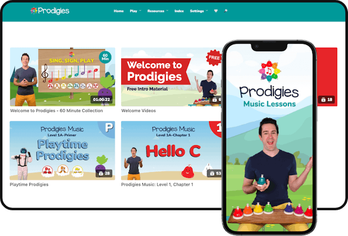 An image of the Prodigies membership, including an image of thier video catalog and mobile app splash screen. 