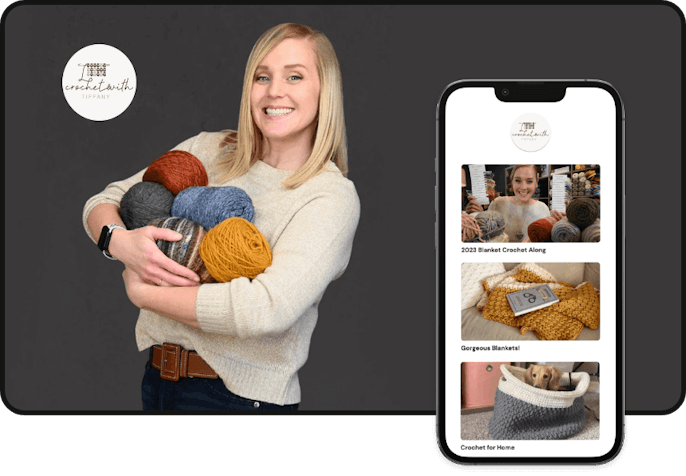 Desktop and mobile view of what the Tiffany's Crochet Club membership platform looks like