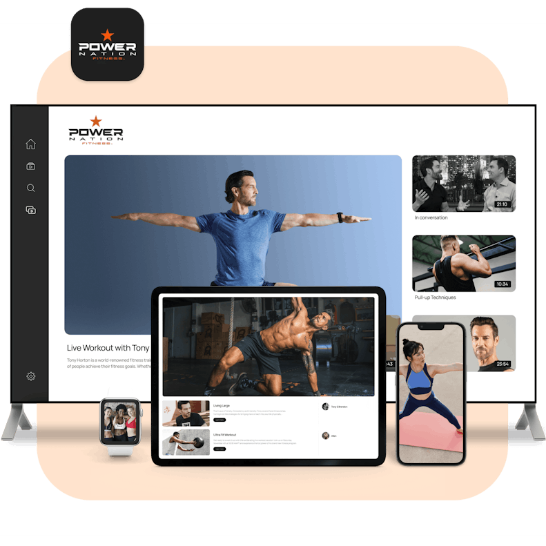 Multi-device display of Power Fitness Platform with a live workout session featuring fitness coach Tony, along with other fitness tutorials and exercise demonstrations for engaging home workouts.