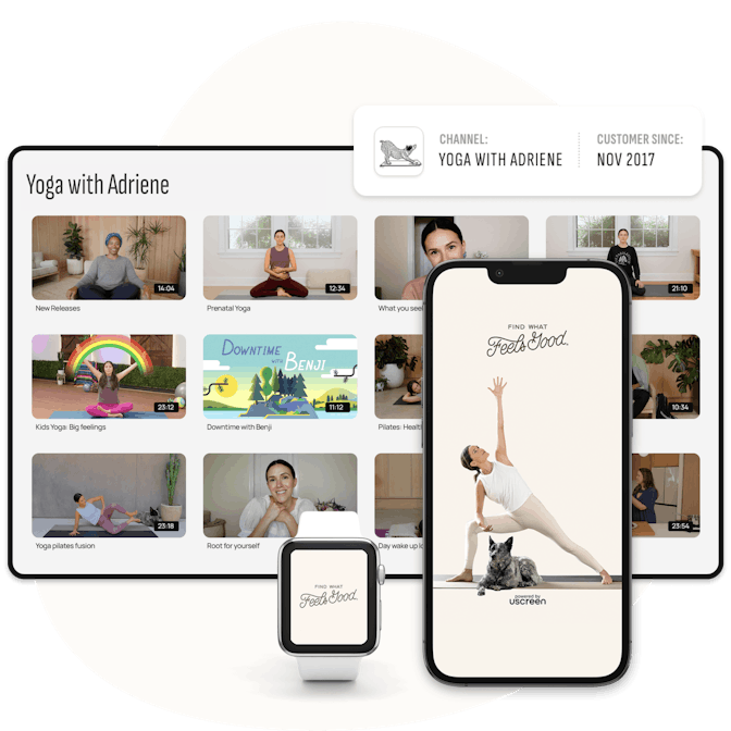 Cross-platform display of 'Yoga with Adriene' channel featuring a variety of yoga sessions including prenatal yoga, kids yoga, and yoga with pets, available on tablet, smartphone, and smartwatch.