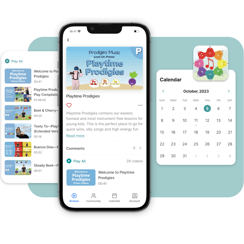 Interface of the 'Playtime Prodigies' music education app on a smartphone, featuring colorful lesson thumbnails and a calendar, designed to teach young children through fun, engaging, and instrument-free music lessons.