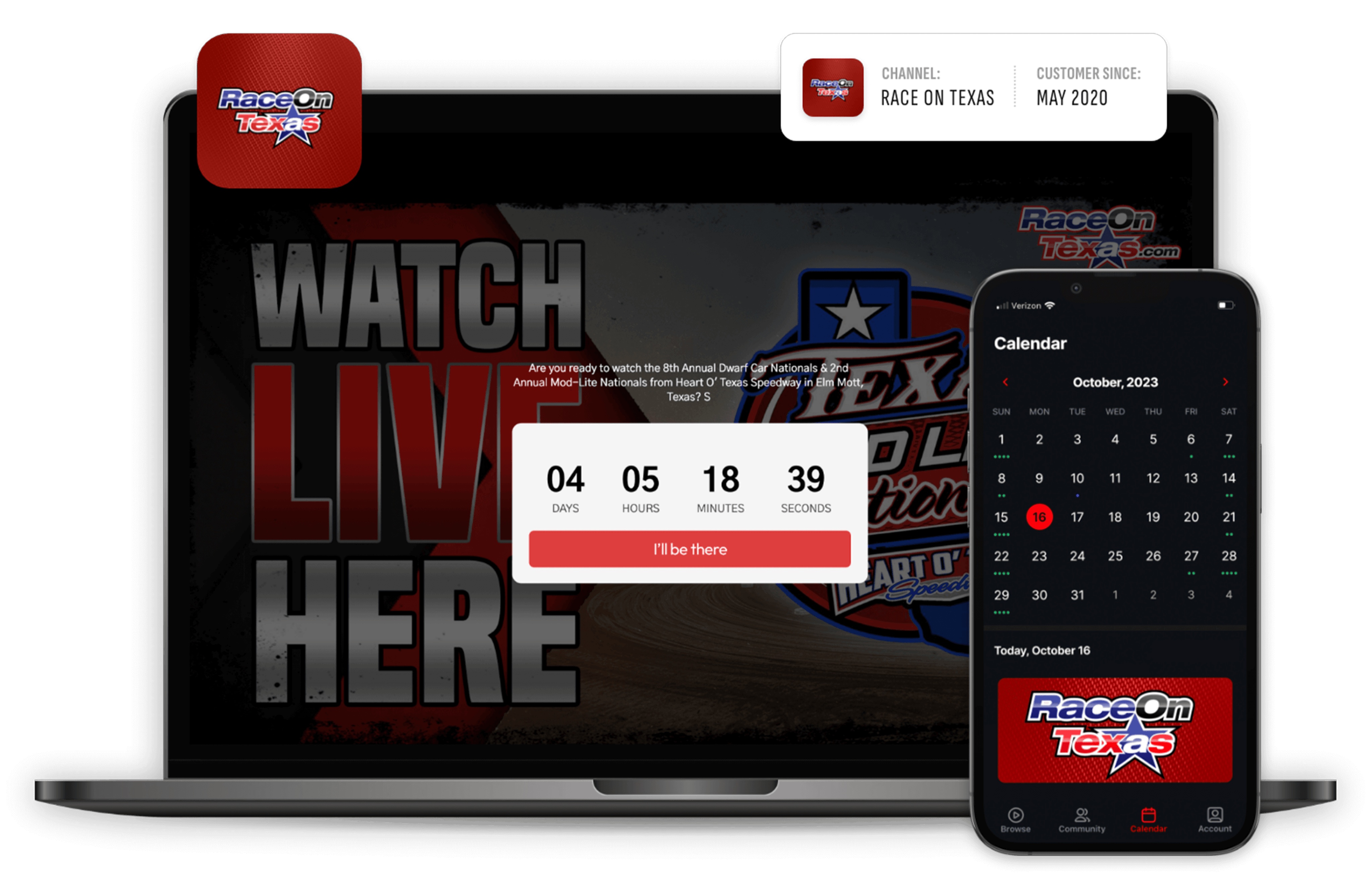 Race on Texas online video membership interface displaying live streaming countdown timer and calendar on desktop computer and smartphone.