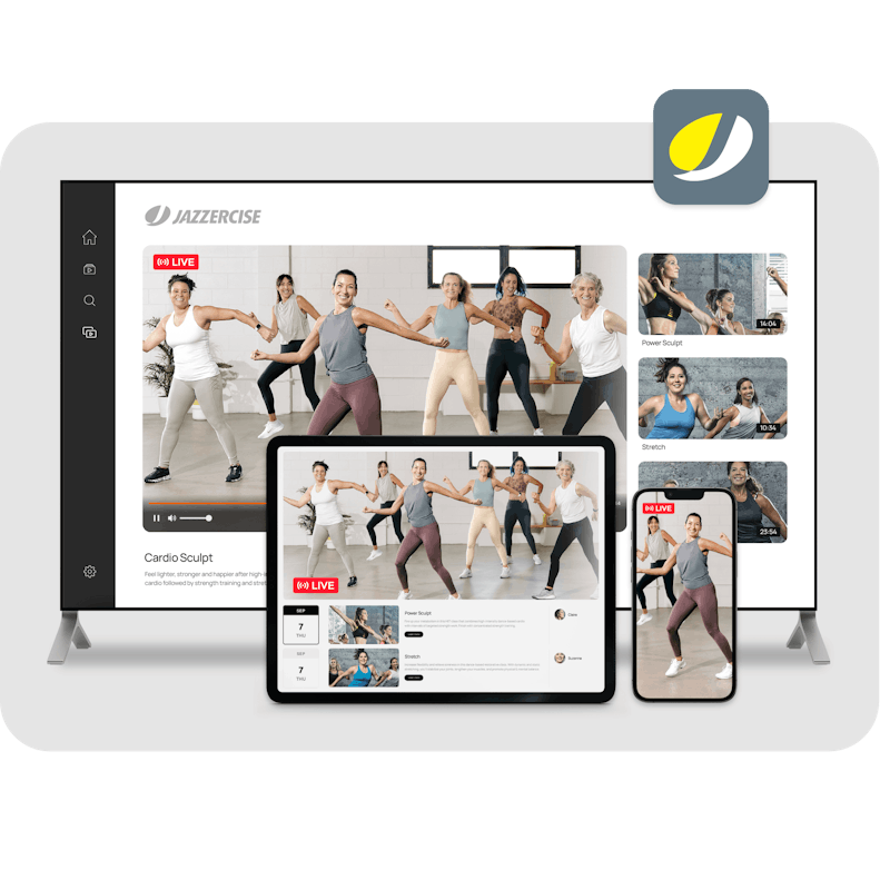 Multi-device display of Jazzercize with a live workout session along with other fitness tutorials and exercise demonstrations for engaging home workouts.