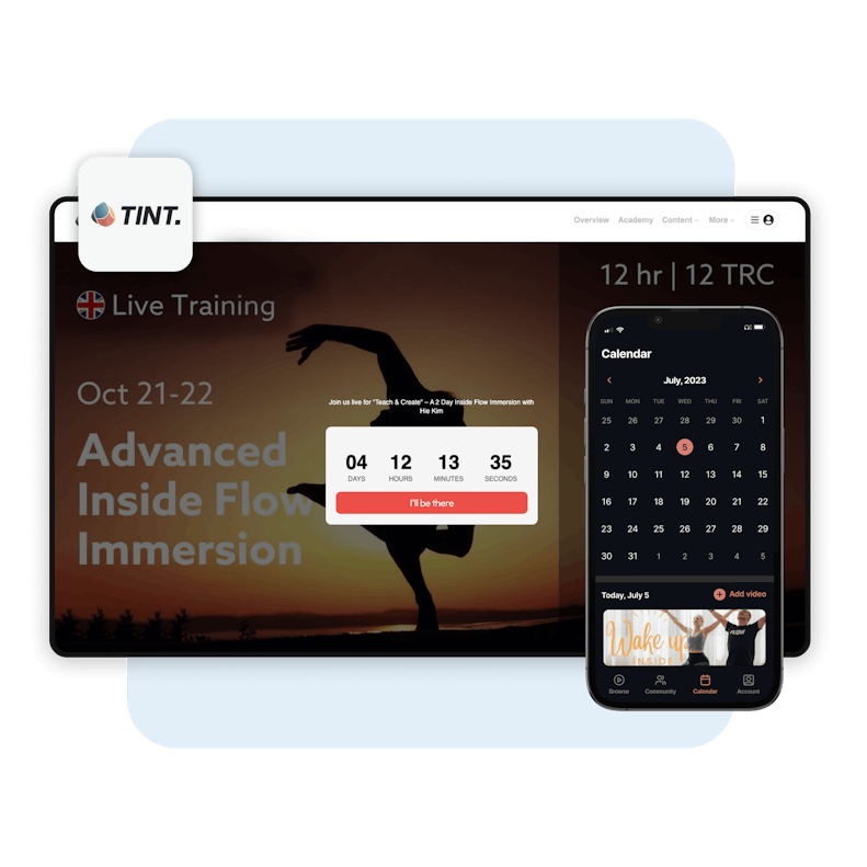 TINT Yoga online video membership interface displaying live streaming countdown timer and calendar on desktop computer and smartphone.