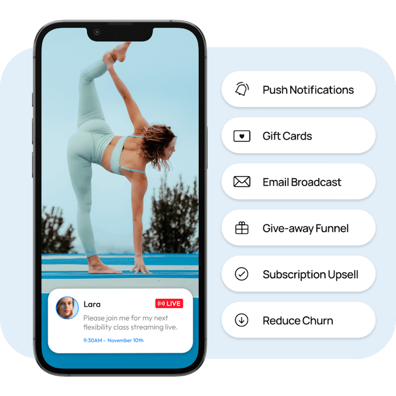 A mobile phone showing a woman performing a yoga pose, with a push notification that encourages audience to view live streaming. A list of marketing features that includes 'Push Notifications', 'Gift Cards', 'Email Broadcast' and more.