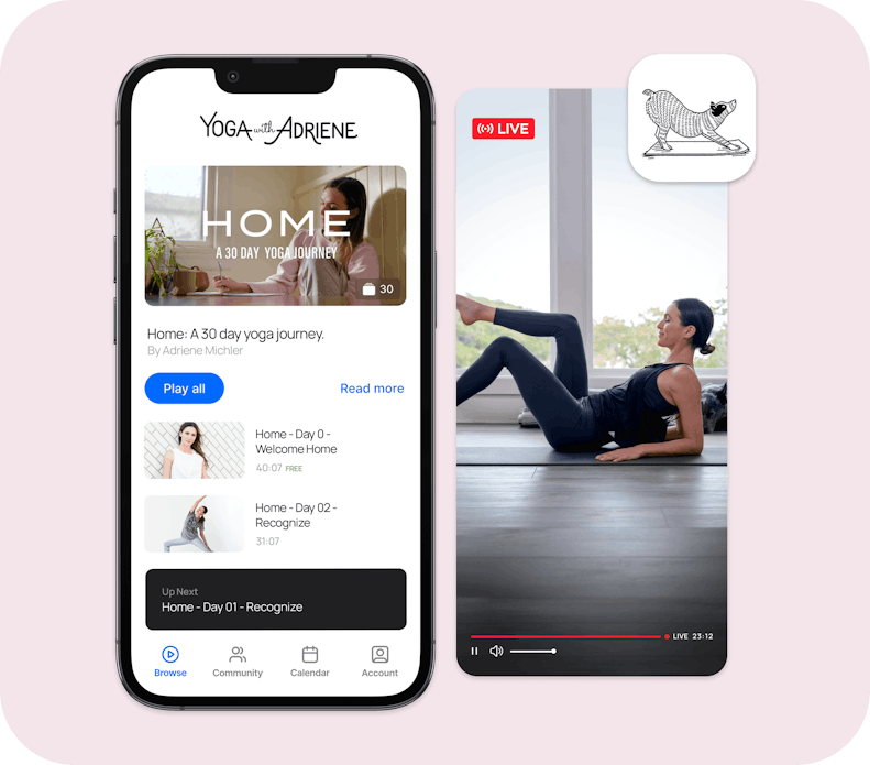Yoga with Adriene online platform interface displayed on a smartphone, featuring a yoga video playlist and a mobile live streaming class.