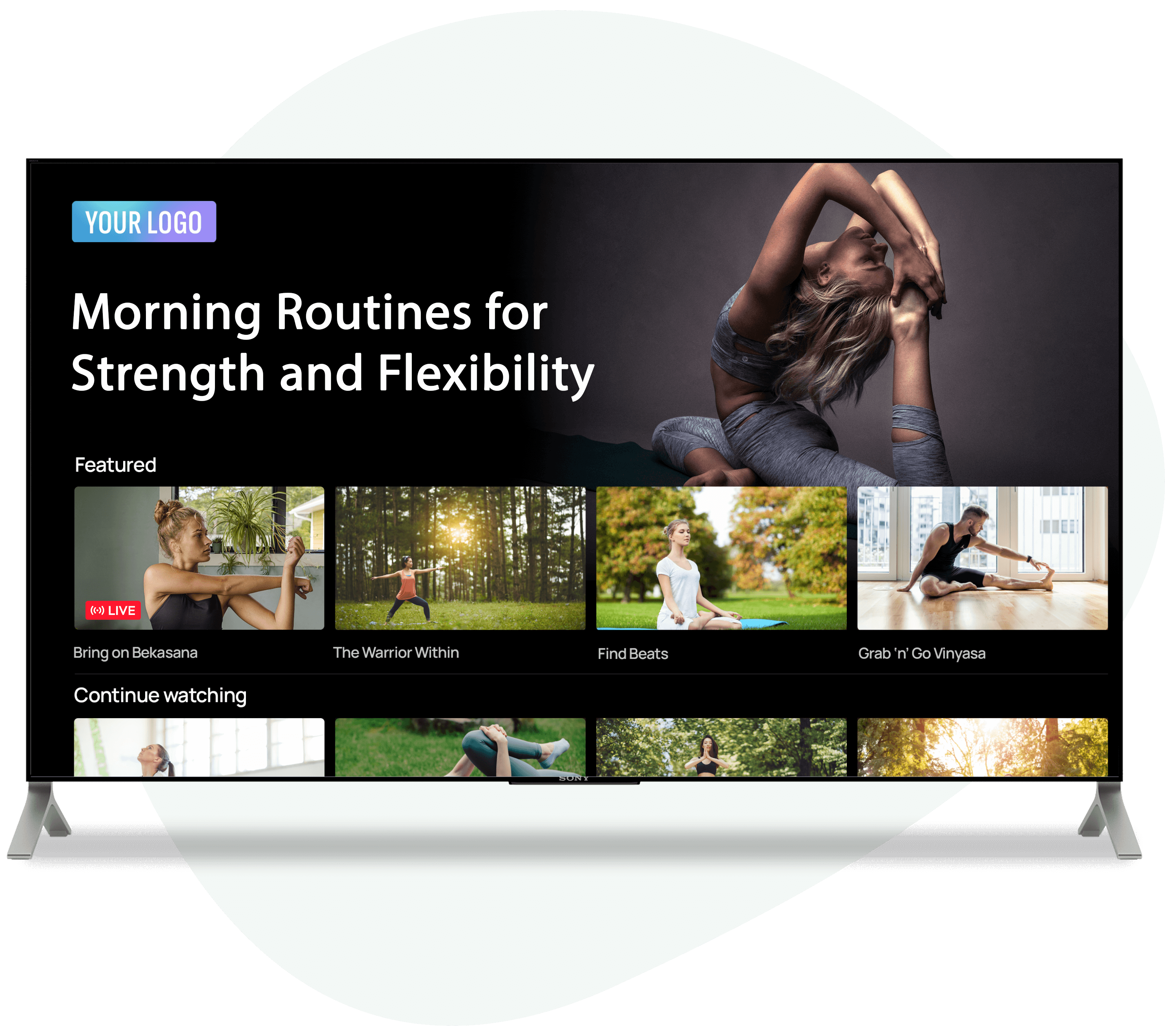 An image of a yoga video catalog featuring a variety of yoga sessions including prenatal yoga, kids yoga, and yoga with pets, available on a tv application.