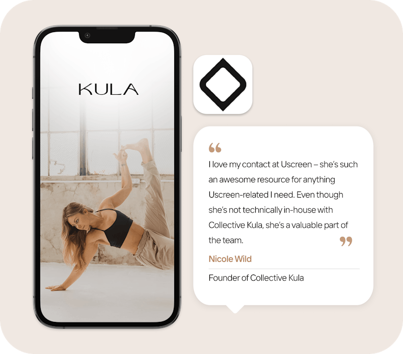 An image of the Collective Kula's mobile app experience along side a testimonial from Nicole Wild, the founder of Collective Kula, talking about her positive experience with the Uscreen support team.