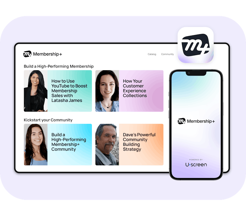 An image of the Membership+ Mobile App Screen, App logo, and Membership video catalog on a display screen.