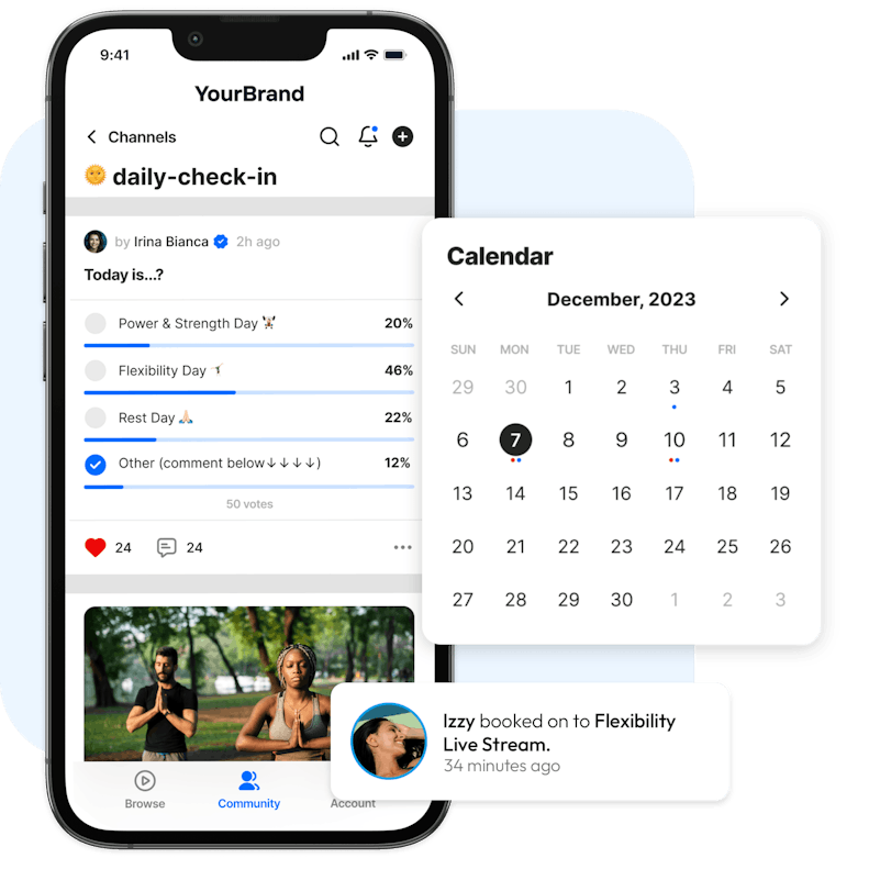 Mockup example of how a creators branded app and calendar feature might look with uscreen