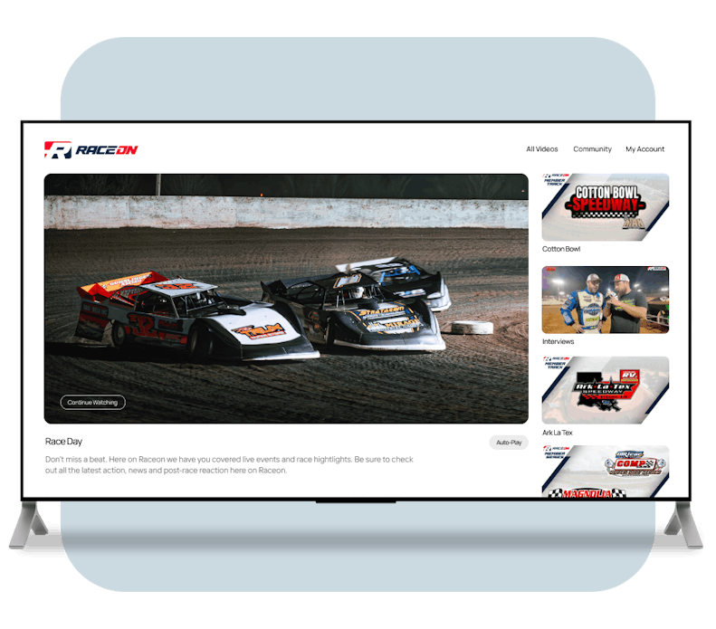 An image of RaceOn Membership catalog previewed on a TV app.