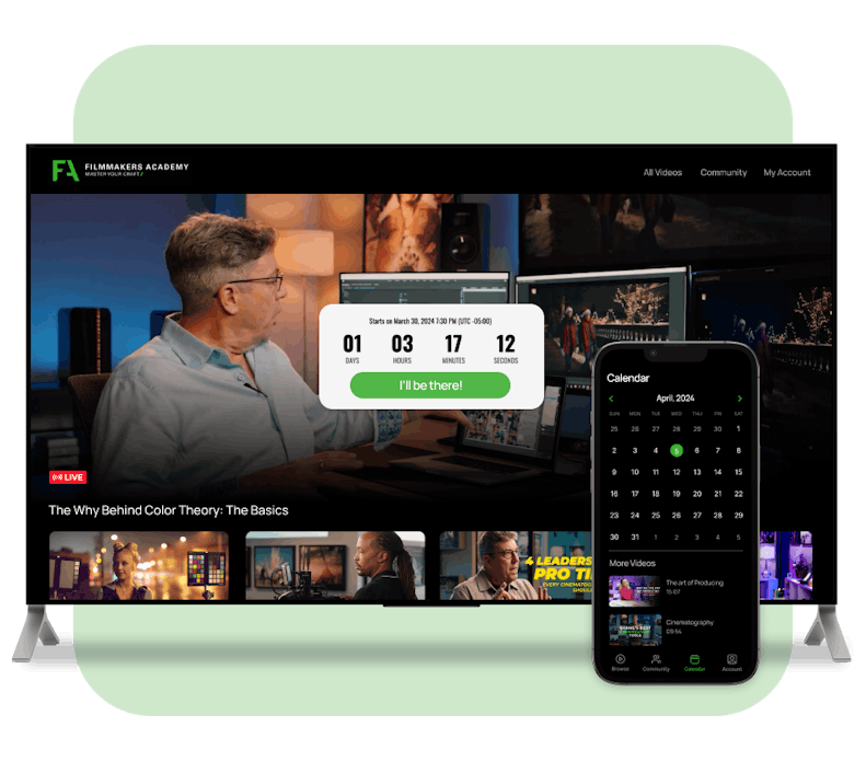 An image of Filmmakers Academy live streaming countdown previewed on a TV app.