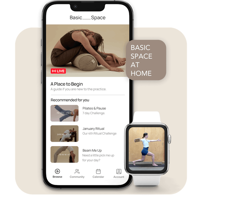 An image of Basic Space at Home's membership experience. Specifically a yoga video playlist, an apple watch, and a app logo.