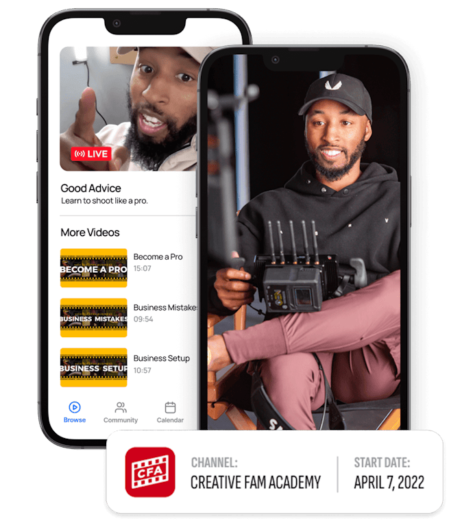 An image of Creative Fam Academy Mobile App Splash Screen and Mobile App Catalog page.