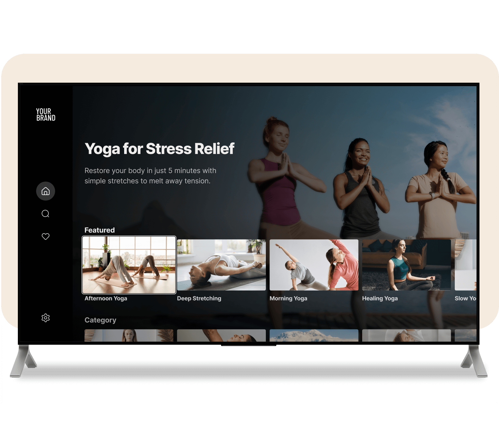 An image of a Uscreen Samsung TV App with pictures of a Yoga Catalog on a tv screen
