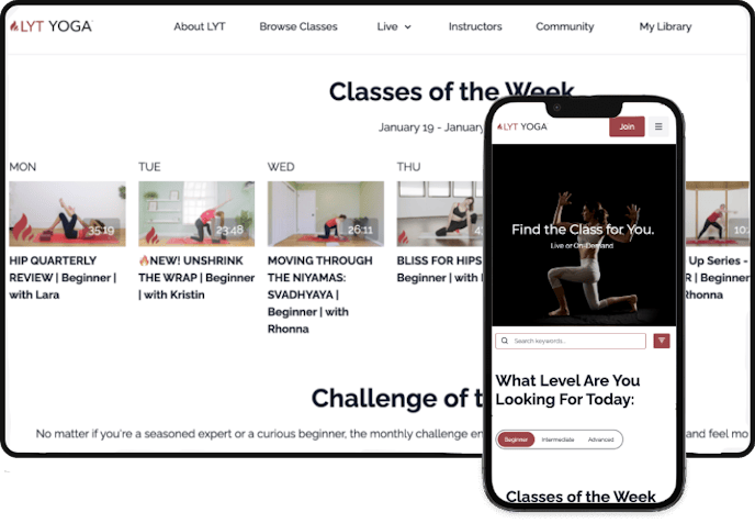 Desktop and mobile view of what LYT Yoga membership platform looks like