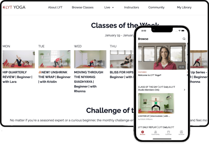 Desktop and mobile view of what LYT Yoga membership platform looks like