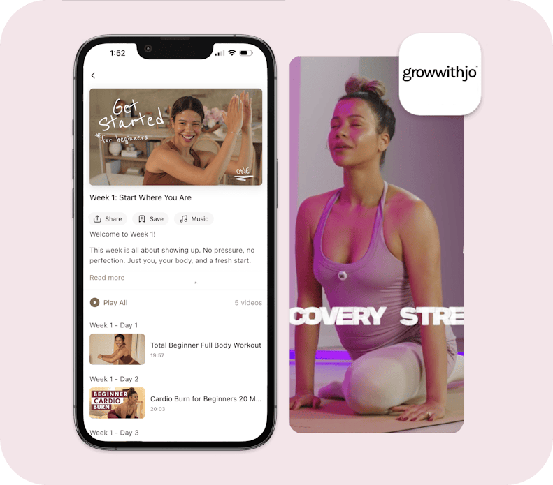 Grow with Jo online platform interface displayed on a smartphone, featuring a yoga video playlist