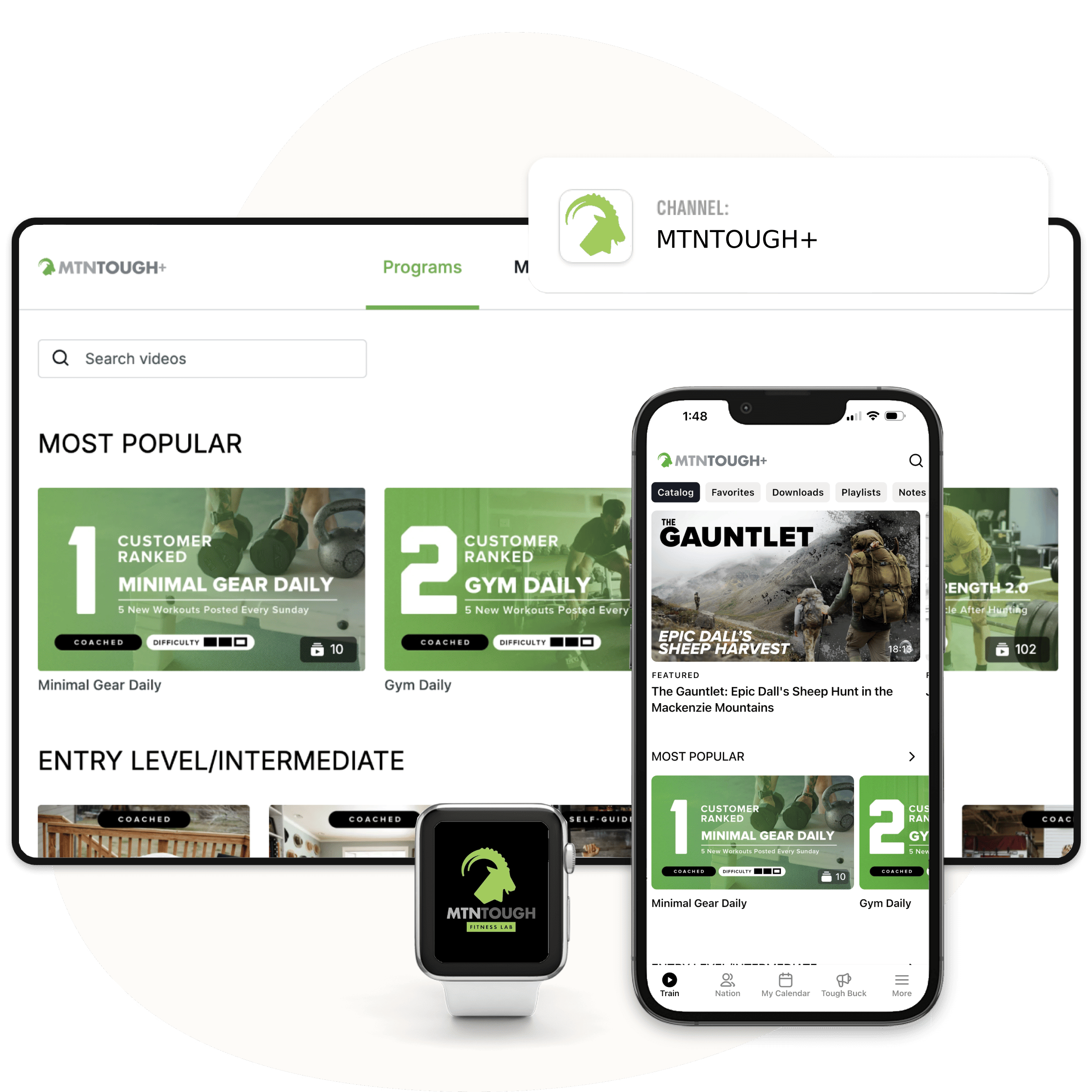 Cross-platform display of 'MTN Tough' channel featuring a variety of workout sessions available on tablet, smartphone, and smartwatch.