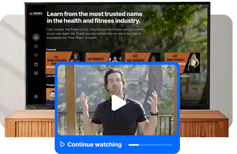 Power Nation's video catalog displayed on a Roku TV with a continue watching option highlighted