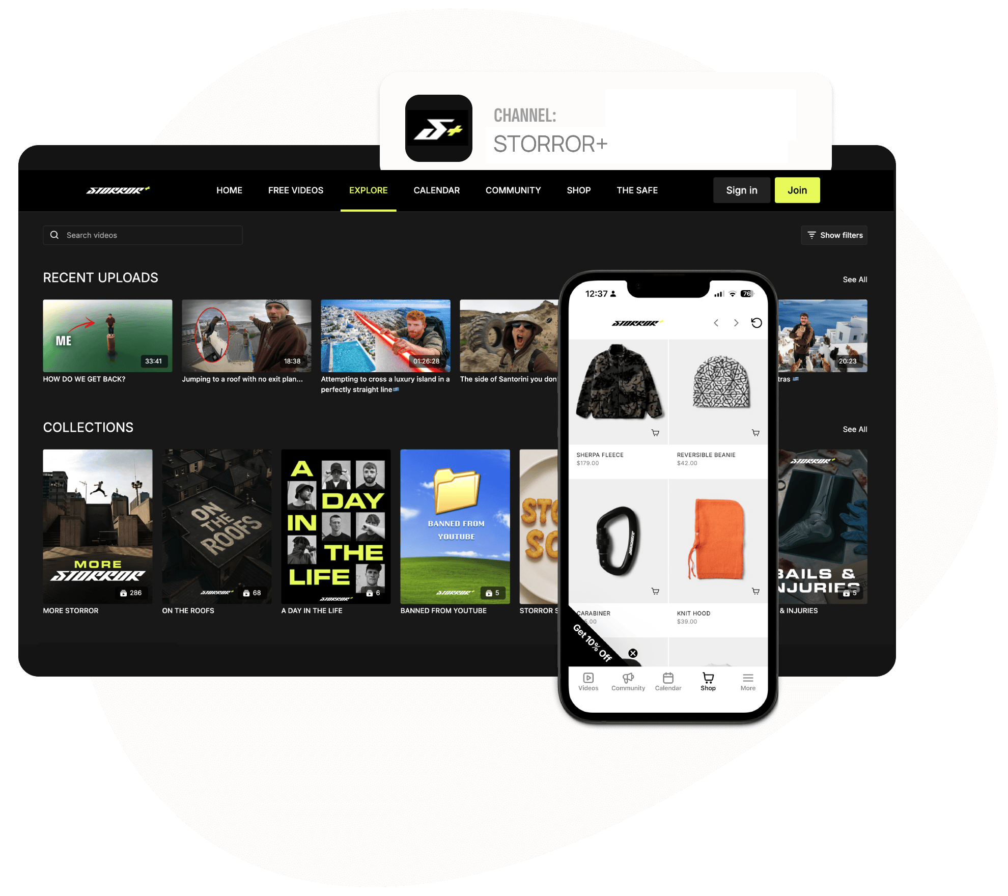 An image of Storror Plus, along side their Mobile and Desktop Uscreen membership catalog.